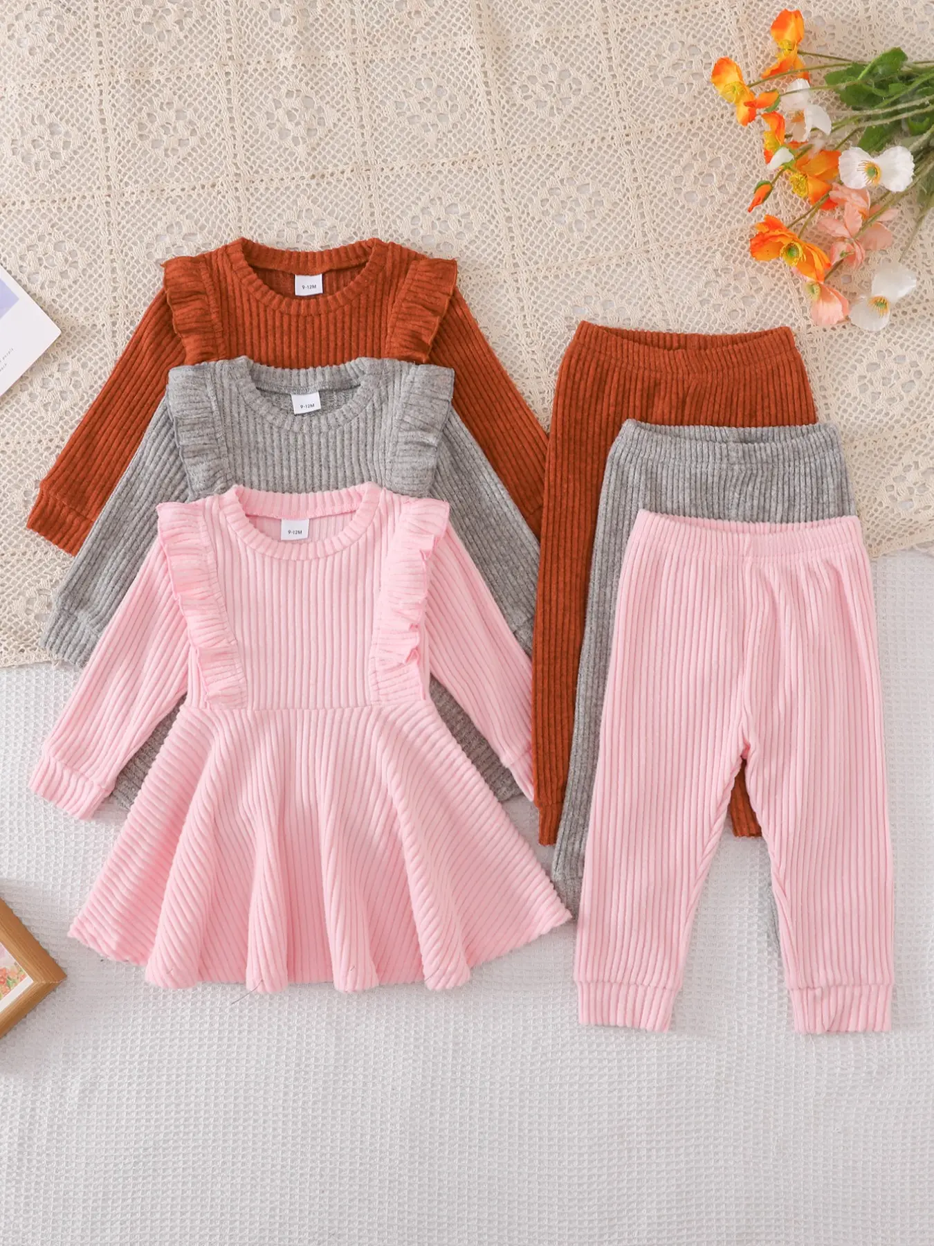 Six-Piece Baby Girl Casual Solid Color Soft Comfortable Plaid Fabric Dress Pants Set, Outfits, Gift Sets, Perfect for Holidays Birthdays Outdoor Picnics