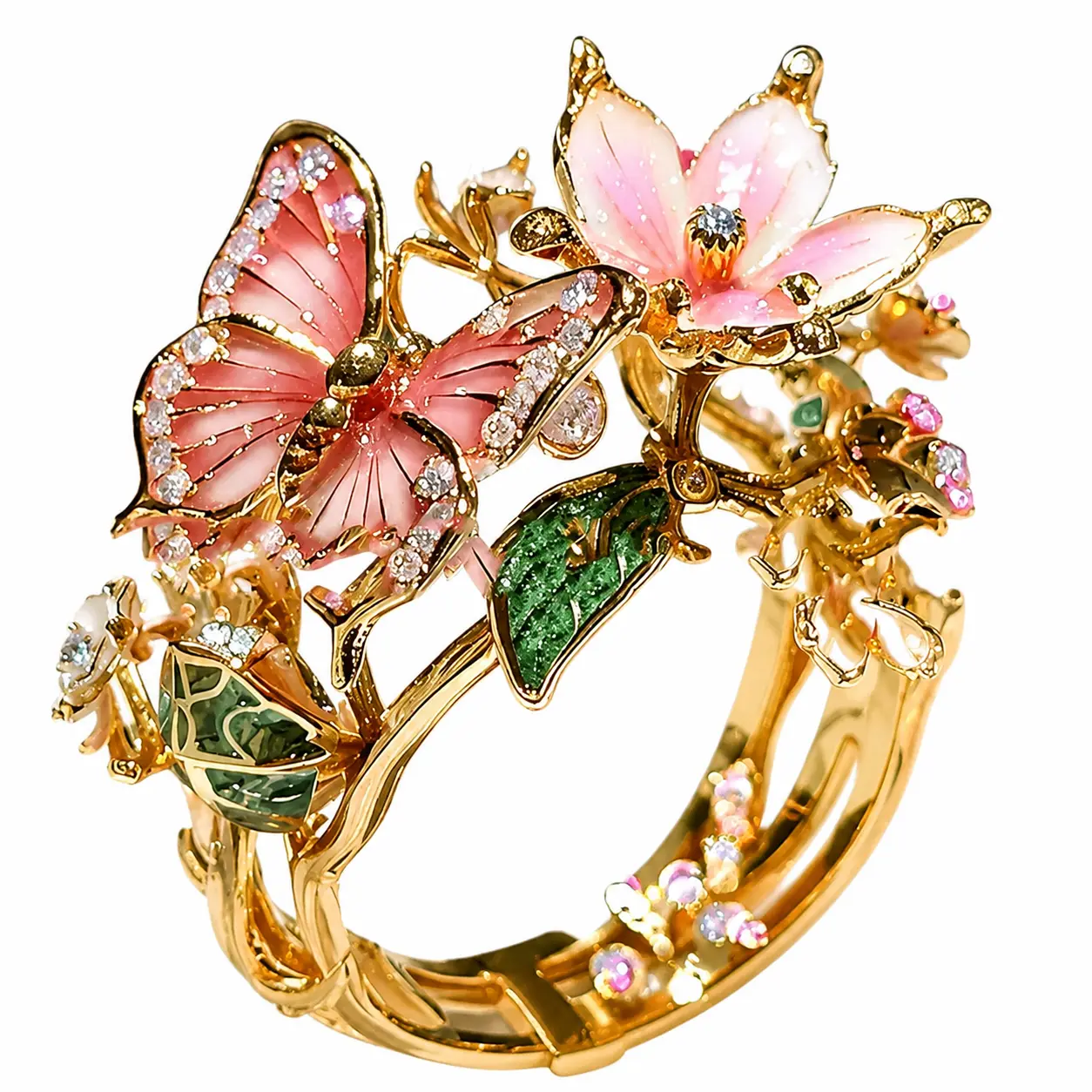Elegant Butterfly and Floral Open Ring for Women – Hand-Painted Enamel Design with Sparkling Cubic Zirconia Accents, Adjustable Comfort Fit, Versatile Everyday and Special Occasion Fashion Jewelry