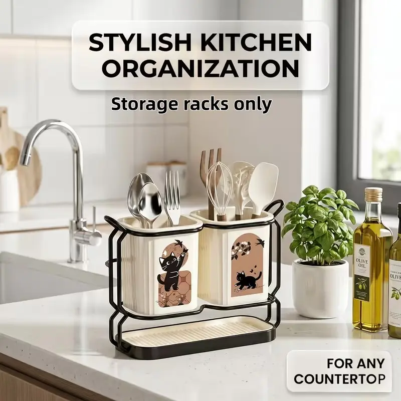 2-Color Carbon Steel Kitchen Utensil and Knife Organizer Rack, Includes 2 Utensil Bins, Combination Countertop and Wall-Mount Storage Shelf