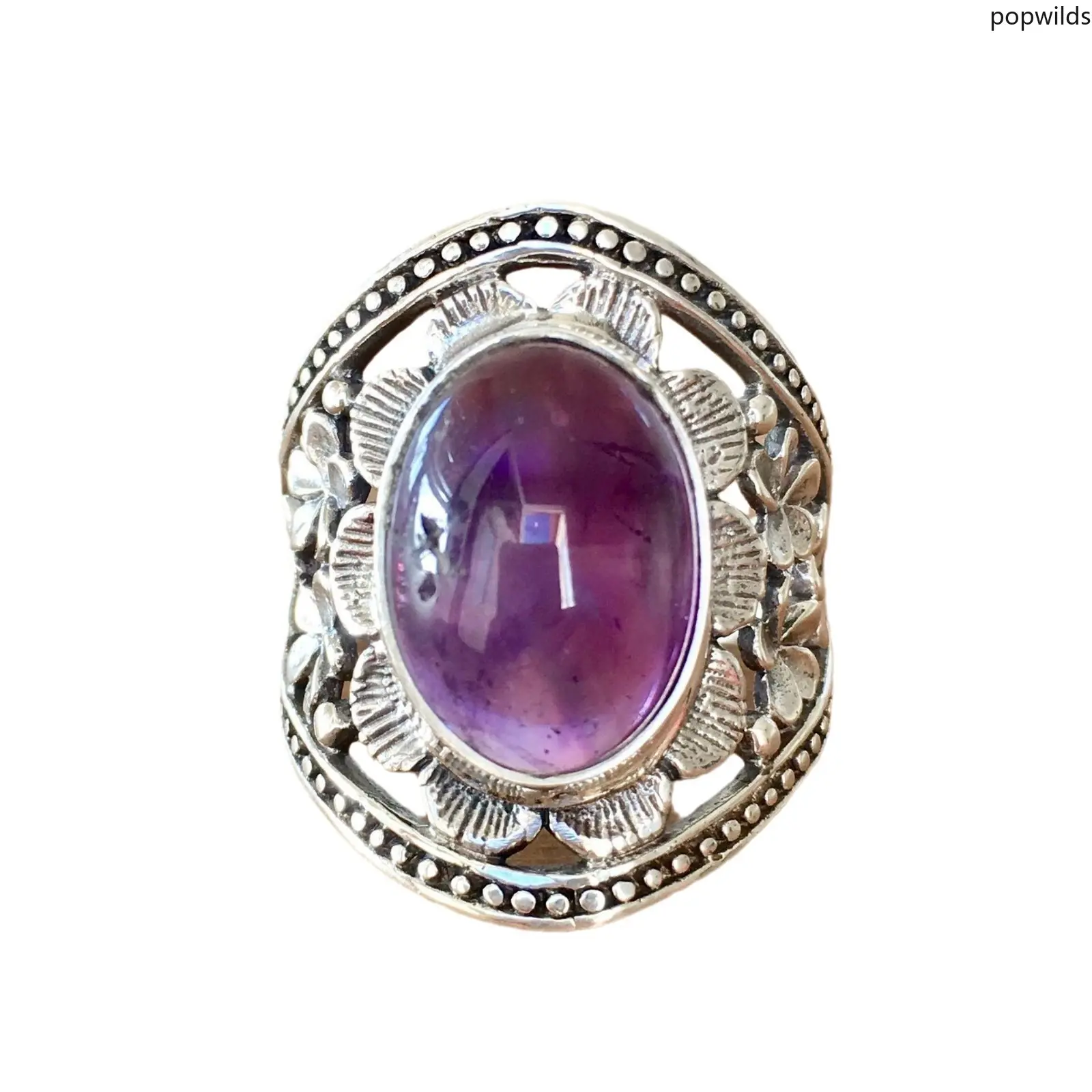 Vintage Floral Amethyst Ring Antique Silver Metal Nepalese Style Unisex Finger Ring Inlaid Purple Crystal Retro Boho Hand Jewelry Daily Stackable Accessory Perfect Gift For Men Women Couple