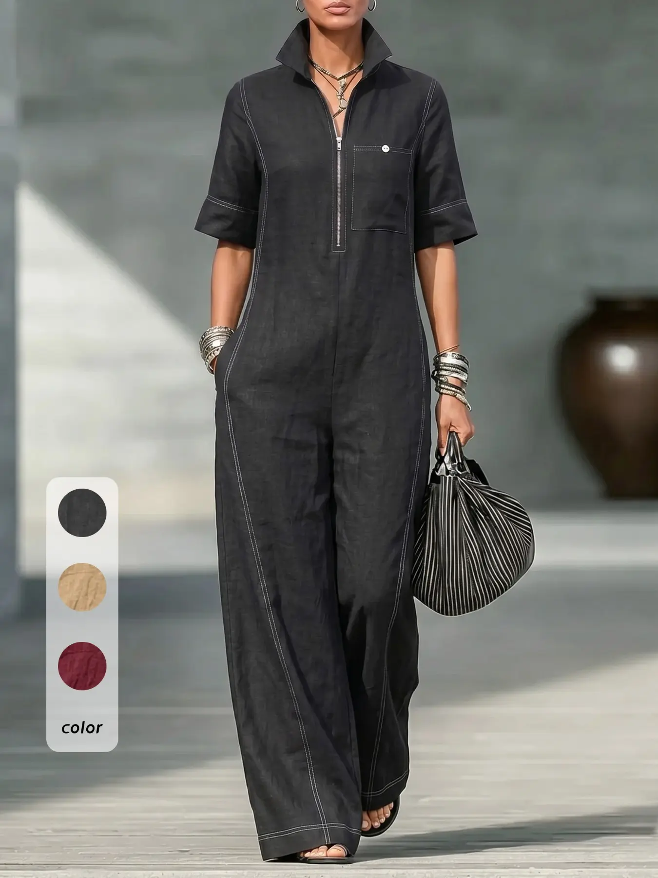 Women's Minimalist Wide Leg Jumpsuit with Line Decoration, Perfect for Urban Streetwear & Casual Gatherings