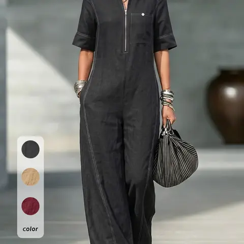 Women's Minimalist Wide Leg Fashionable Jumpsuit with Line Decoration and Pocket, Perfect for Urban Streetwear & Casual Gatherings