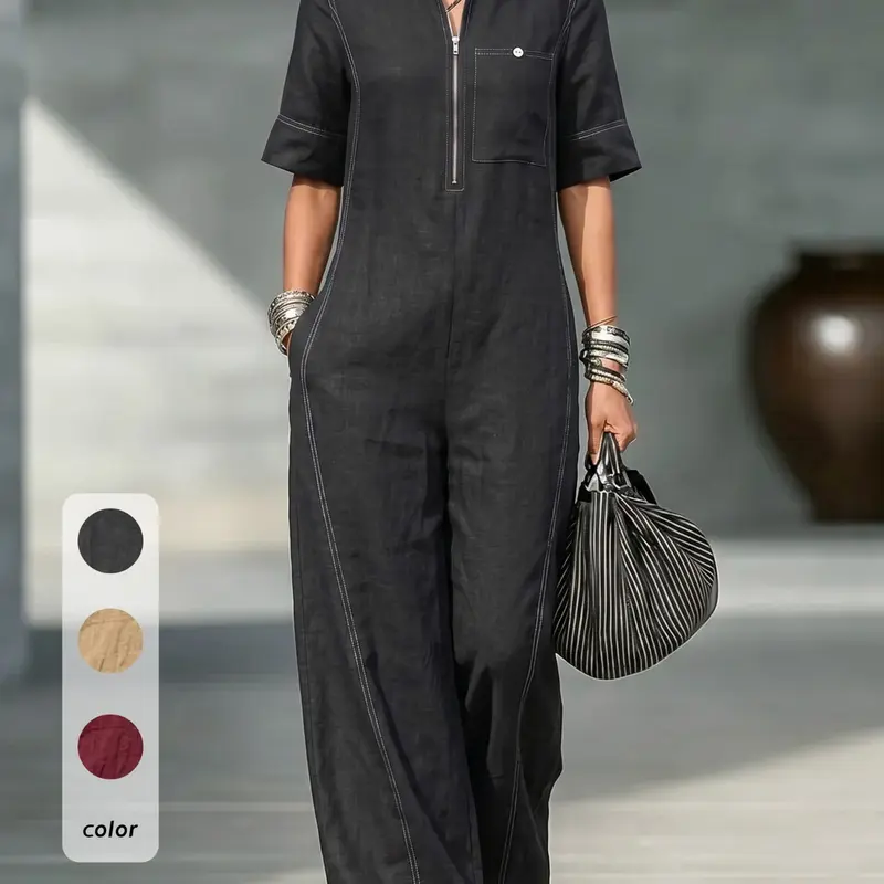 Women's Minimalist Wide Leg Fashionable Jumpsuit with Line Decoration and Pocket, Perfect for Urban Streetwear & Casual Gatherings