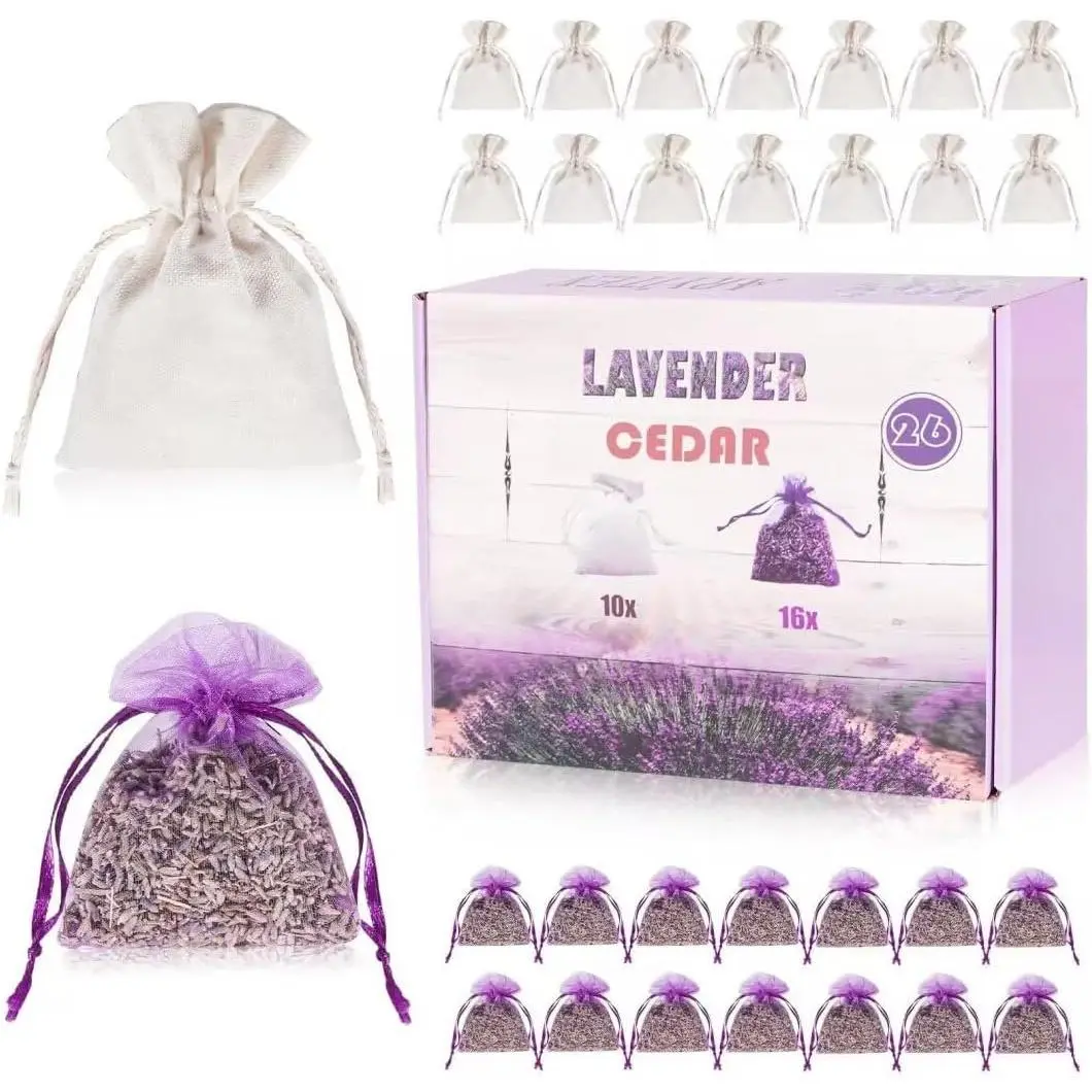 26 Pack Cedar and Lavendar   for Drawers and Closets - Stop Clothes , Cedar Chips and  Dried Lavender Sachets Bags