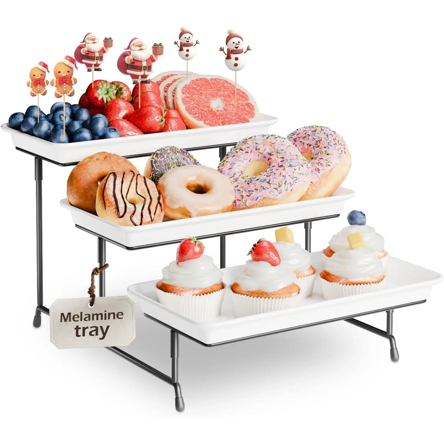 3-Tier Melamine Serving Tray Set, 11.5 x 5.6 in, Black Stand | Melamine  Platters with Metal Display Stand for Cupcakes, Desserts, Fruit, Cookies, Parties, Birthdays and Holidays