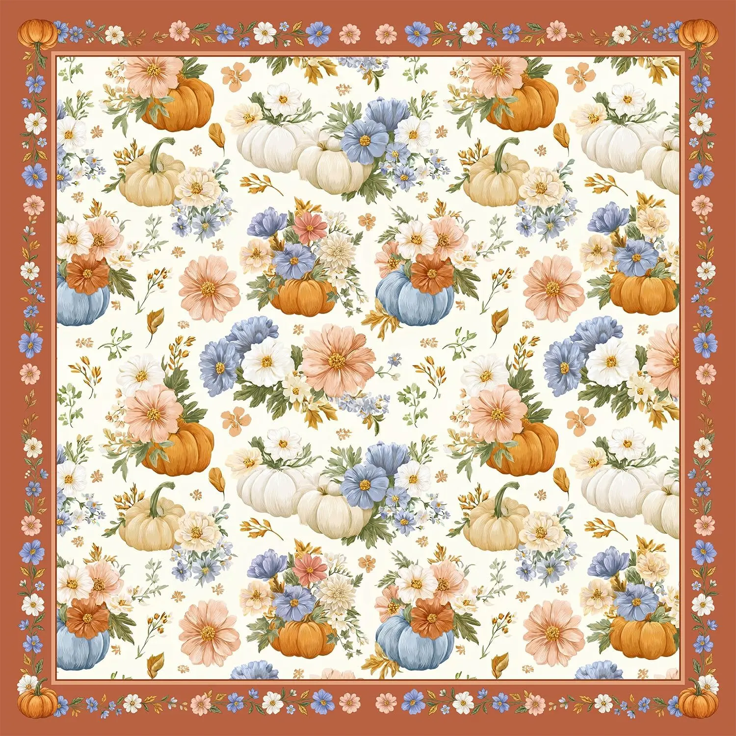 60x60 Inch Polyester Square Fall Tablecloth, Waterproof, Wrinkle-Free Pumpkin Floral Table Cover for Party, Dinner Autumn Festive Decor