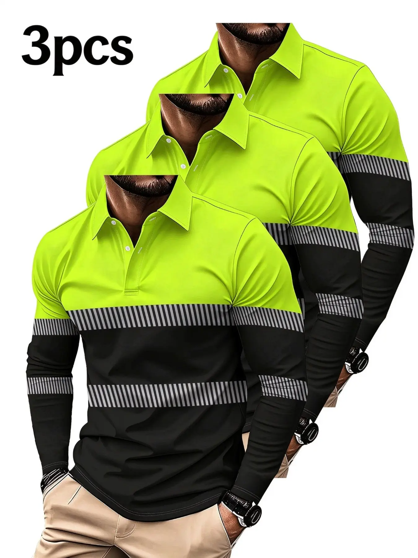 3-Pack Men's Workwear Long Sleeve Polo Shirts, Collared Half-Button, Colorblock Stripes, Breathable Fabric, Slim Fit, Outdoor Work Clothes