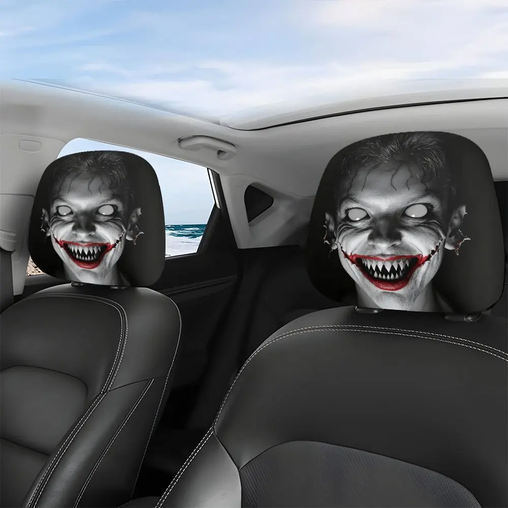 2pcs, Horror Clown Face Print Headrest Covers, Interior Decorations, Car Interior Accessories, Automotive Decorative Accessories, Fit, Washable & Easy to Install, Funny Vehicle Accessories, Seat Protectors, Halloween Christmas Ornaments