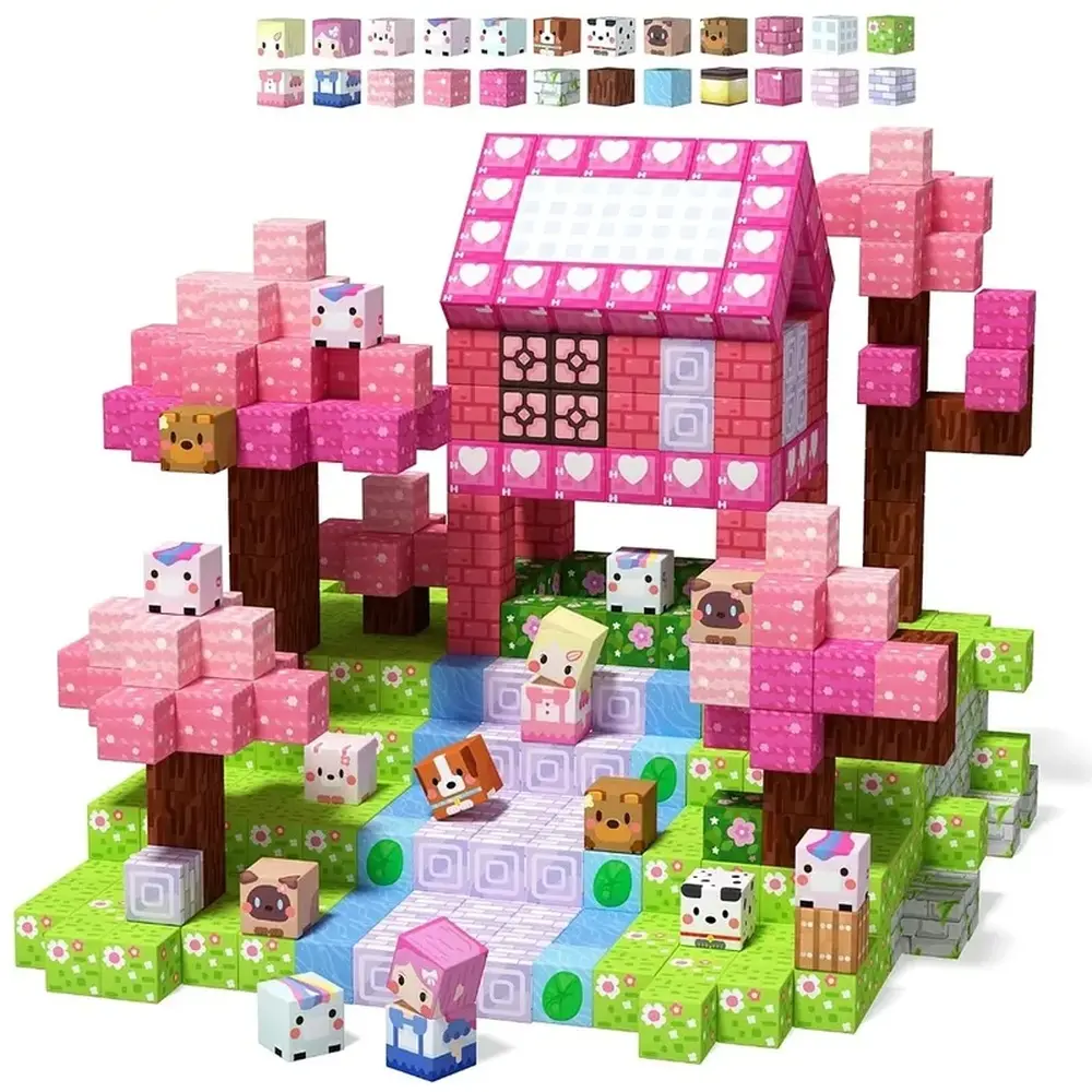 Pink Themed Magnetic Building Blocks Cubes Set Blossom Cave Plant Style DIY Construction Brick Toy Holiday Gift for Children