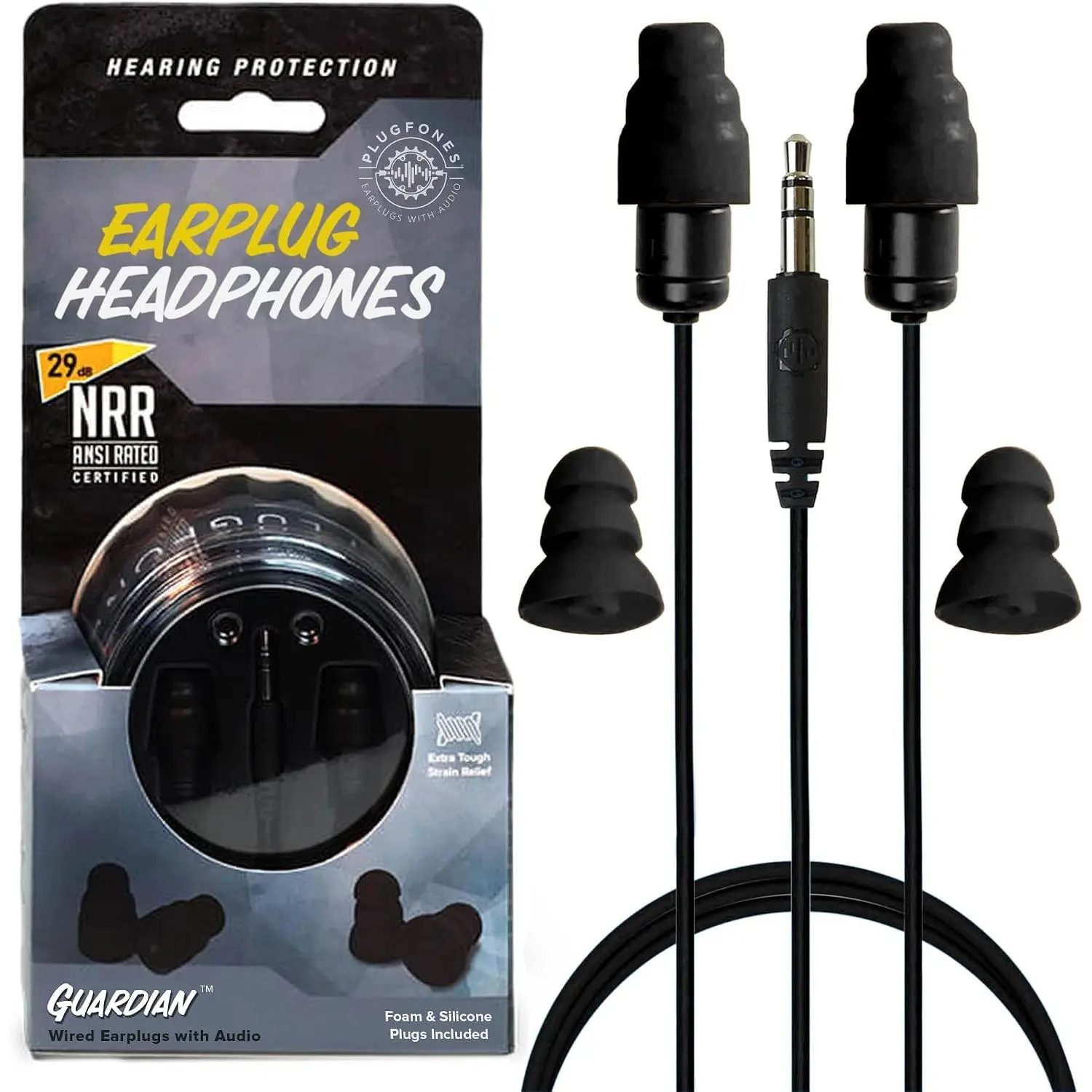 Guardian Earplug Headphones - OSHA Compliant Noise-Reducing in-Ear Headphones with Hearing Protection - Wired Hybrid Design for Work and Travel - Includes  &  Earplugs - Black