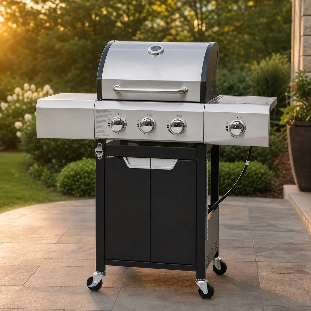 Stainless Steel 3-Burner Propane Barbecue Grill with Side Burner, Freestanding Grilling Outdoor Cooking Station for the Garden, 40,500 BTU, Outdoor Barbeque, Freestanding Barbecue Station, Patio, Open Flame Grill