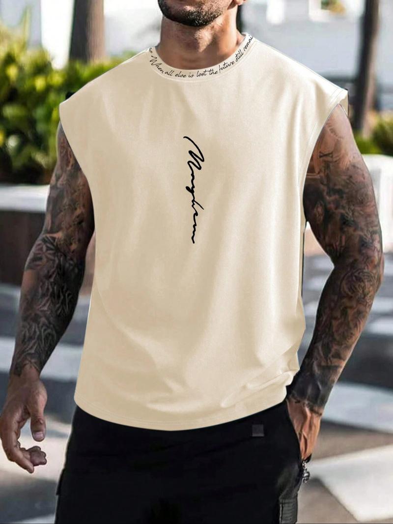 Men's Letter Print Round Neck Tank Top, Regular Fit Casual Sleeveless Crew Neck Top for Summer, Fashion Men's Clothes for Daily Wear, Casual Style Tee
