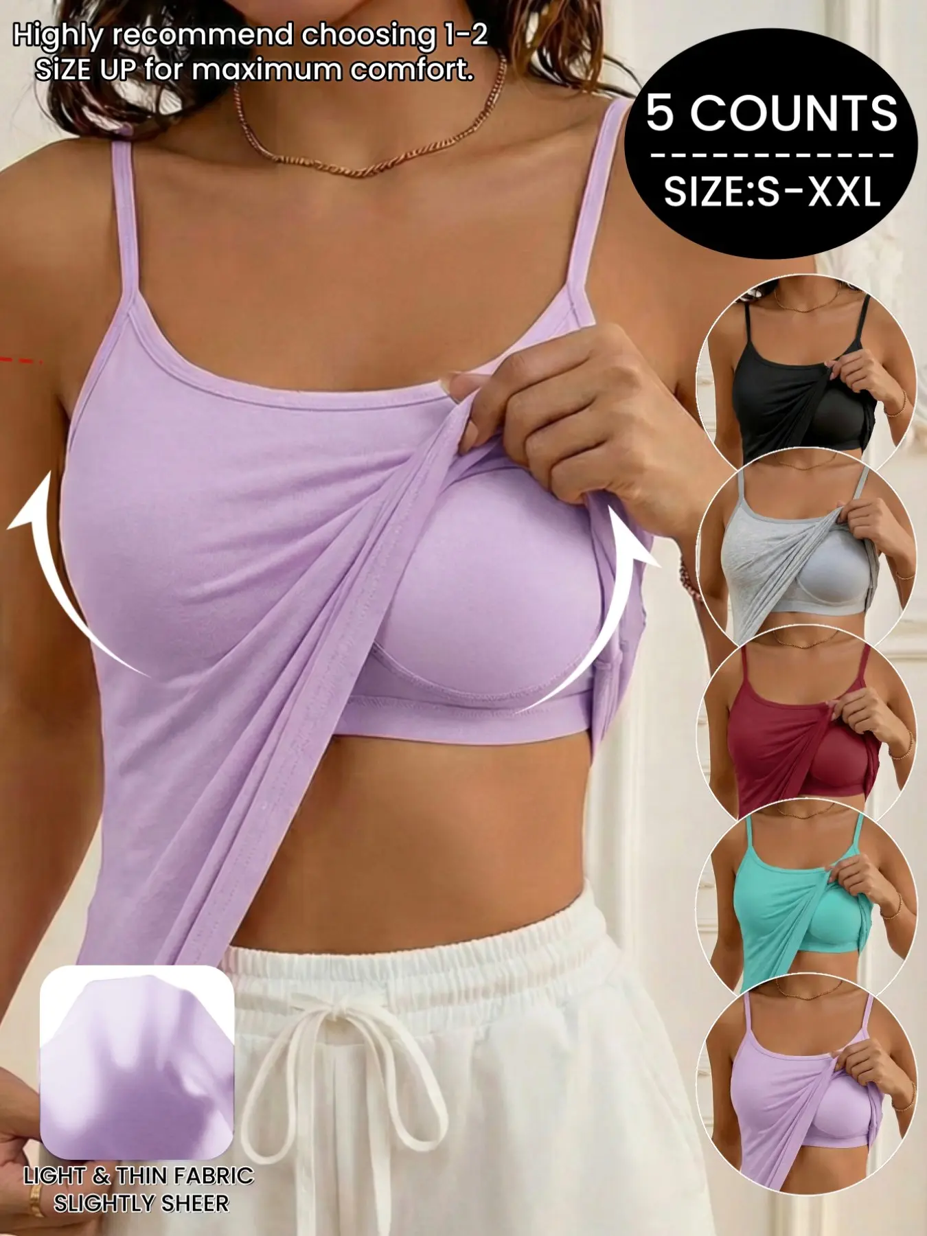 Camisole Tops for Women's Built in Bra,Adjustable Strap Soft Stretch Fit Undershirt Tanks,Seamless Layering Tops,Casual Yoga Daily Wear,All Seasons,Sleeveless