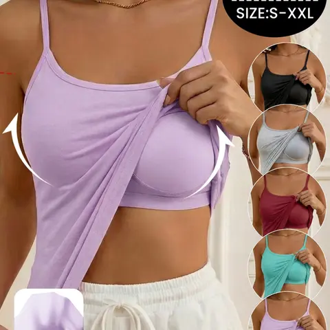 Camisole Tops for Women's Built in Bra,Adjustable Strap Soft Stretch Fit Undershirt Tanks,Seamless Layering Tops,,Casual Yoga Daily Wear,All Seasons,Sleeveless,Modern Tank Top