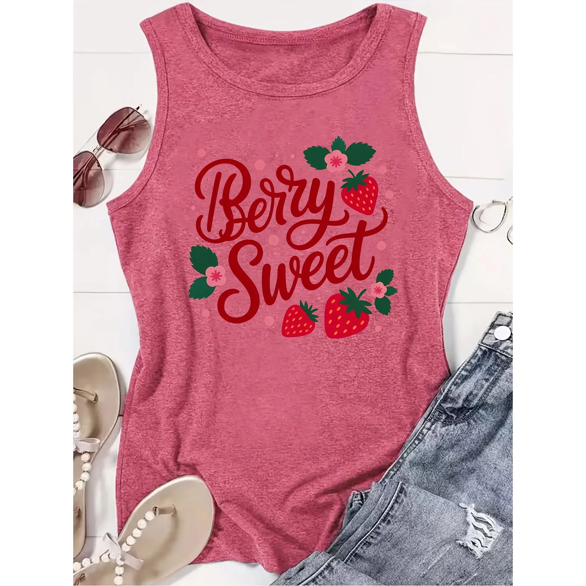 [Strawberry Sleeveless Top] Women's Strawberry "Berry Sweet" Slogan Print Sleeveless Tank Top - Cute Strawberry & Berry Sweet Text Design, Non-Sheer Blouse-Fit Suitable for Spring Summer Fall, Casual Round Neck for Dates, Commuting