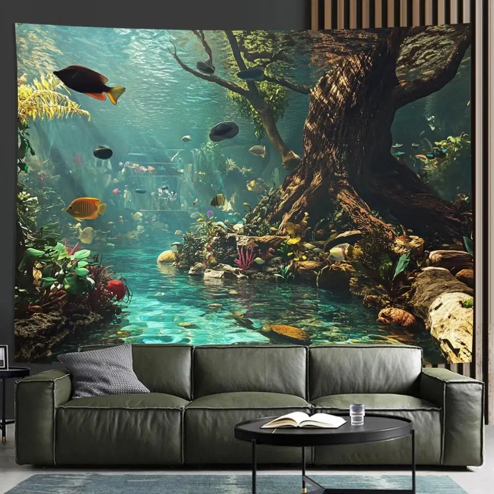 Aquarium Underwater Sea Backdrop Party Background Cloth, Ocean Marine Tapestry Wall Hanging Photography Background Premium Polyester Fabric, Home Decor, Party Event Setup, Photo Studio Prop, Bedroom Living Room Background