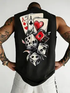 Unisex Retro Gambling Card Dice Back Print Tank Top, Streetwear Loose Fit Gym Wear, Versatile Solid Color Vest for Men and Women