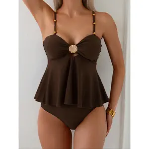Metal Shell Beaded Adjustable Strap Tankini Set, Hollow Out Ruched Two-Piece Swimsuit, High Waist Sleeveless Short Swimwear for Women, Tankini With Shorts, Tankini Outfit, Tankini Swimsuits Women, Tankinis Set