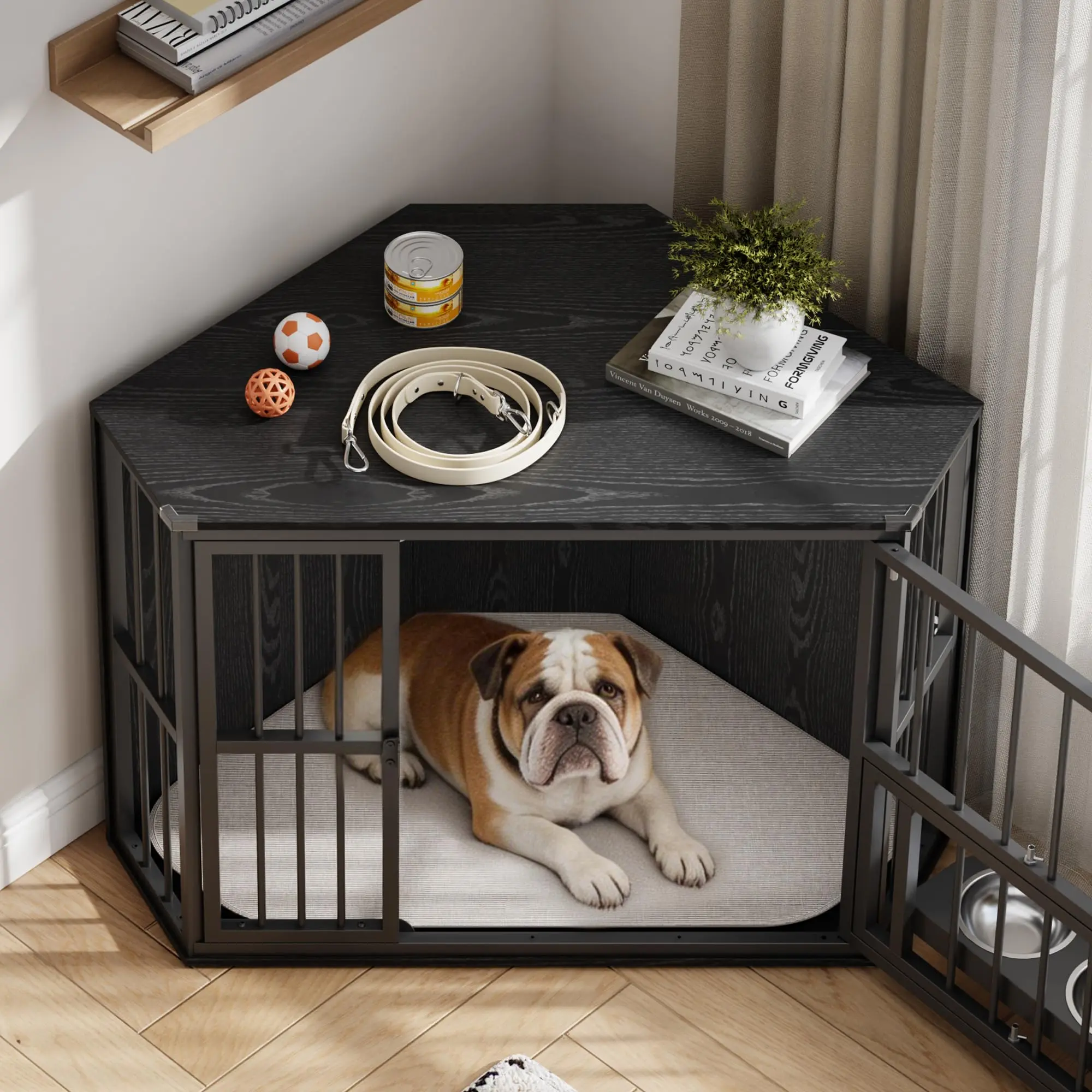 Space-Saving Corner Dog Crate Furniture – Wooden Indoor Kennel End Table for Small Dogs – 360° Rotating Door, Stainless Steel Feeding Bowls, Decorative Design – Brown, Vintage + Black Iron Frame