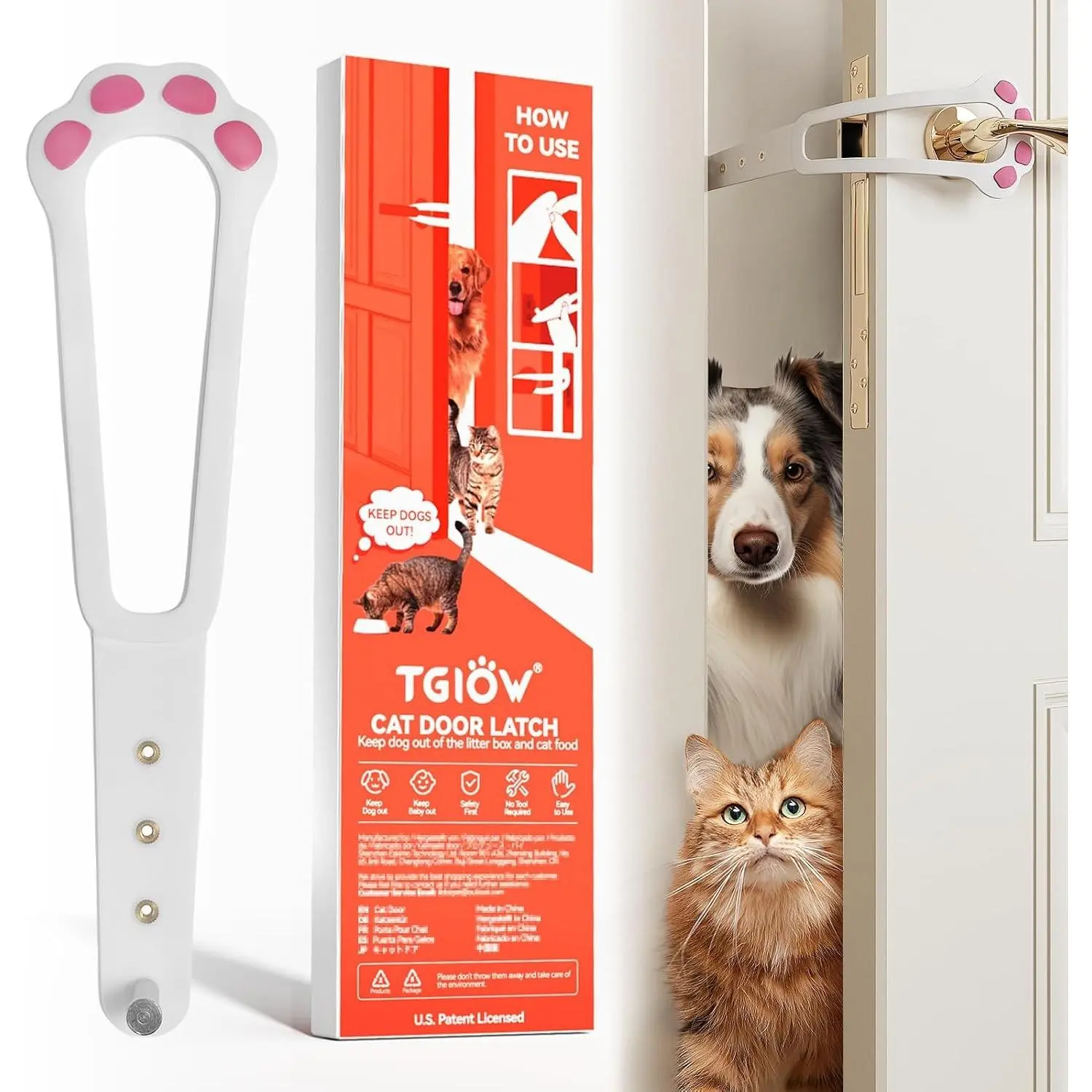 1Pc Cat Door Stopper Pet Door Latch Keep Dog Out of Litter Box and Food, 4 Adjustable Size Strap 2.2-5" Wide, No Measuring Easy to Install White