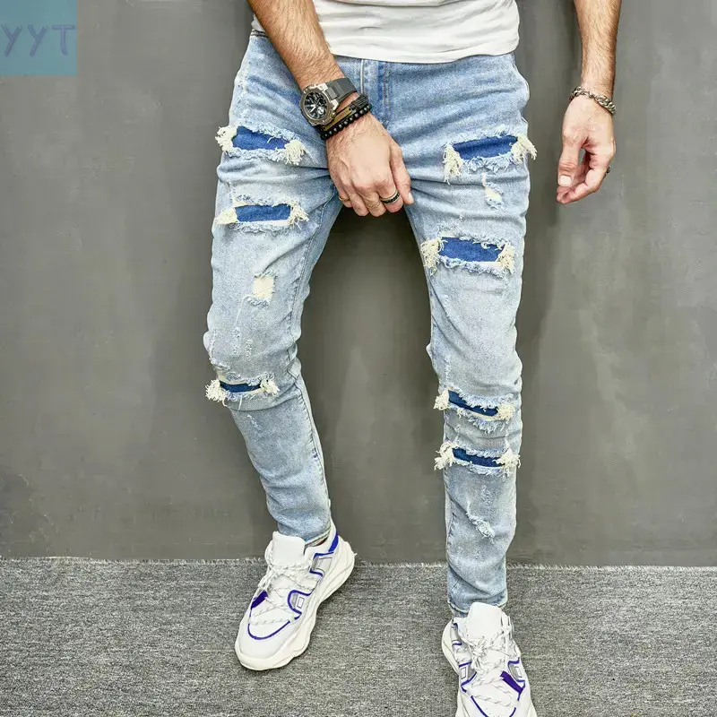 YYT1 New Men's Slim Fit Jeans - Asia Size Ripped Patches Casual Wear, Streetwear Hip Hop Skinny Trousers with Human Pocket, Beige Plain Motocross DFYD Pants