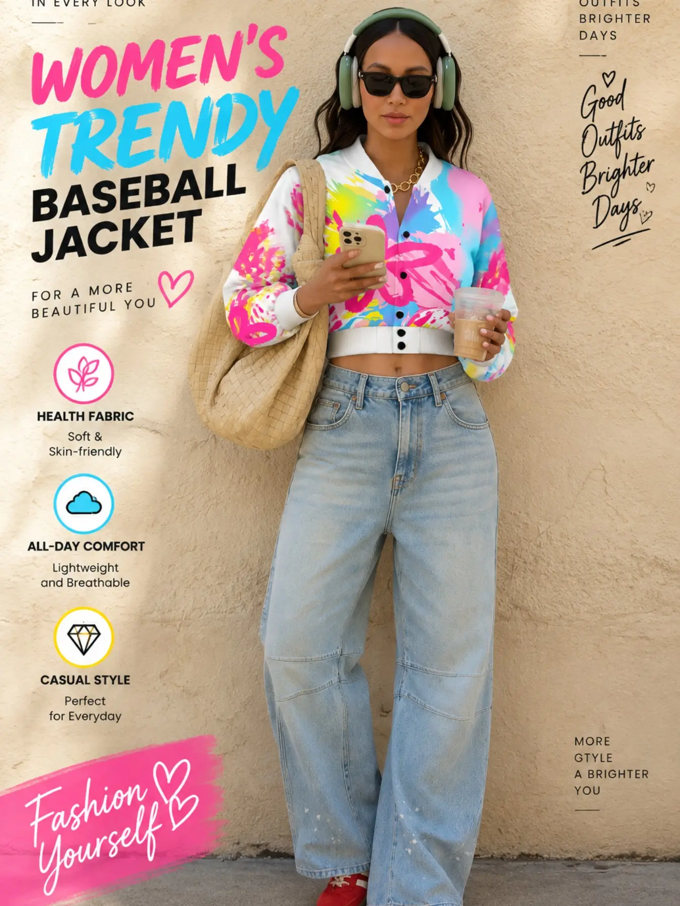 Women's Colorful Splatter Print Baseball Jacket, Graffiti Flower Button Bomber Jacket, Kidcore Fall Winter Short Coat, Casual Jacket