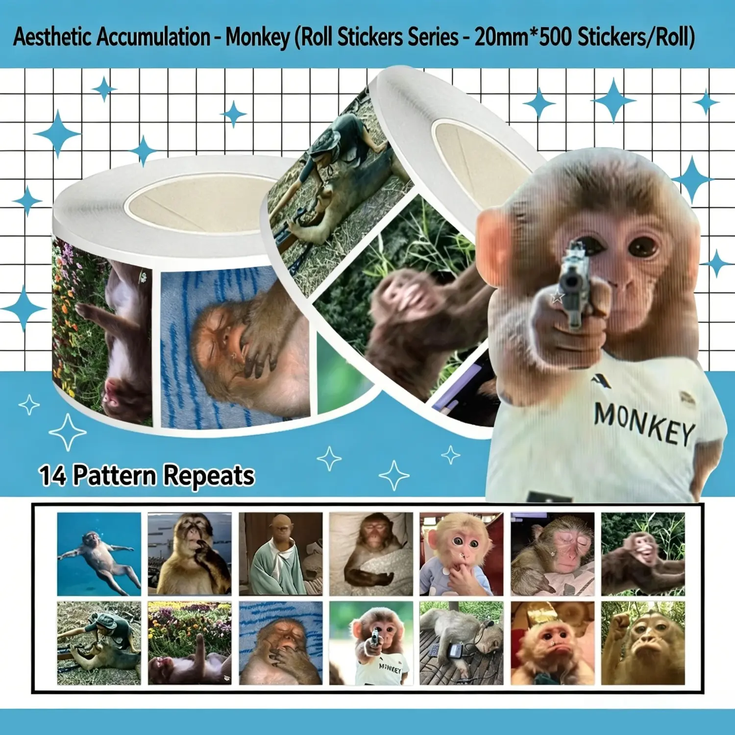 500-Piece Quirky Monkey Roll Sticker Set – Sealing Stickers for Cups, Laptops, and Suitcases; DIY Decorative Stickers for Notebooks and Birthday Gifts.