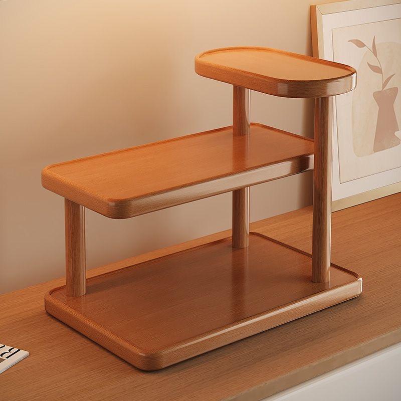 Solid Wood Multi Tier Desktop Display Shelf Modern Light Brown Freestanding Storage Rack No Assembly Needed Space Saving for Bathroom Kitchen Bedroom Vanity Retail Display Stand