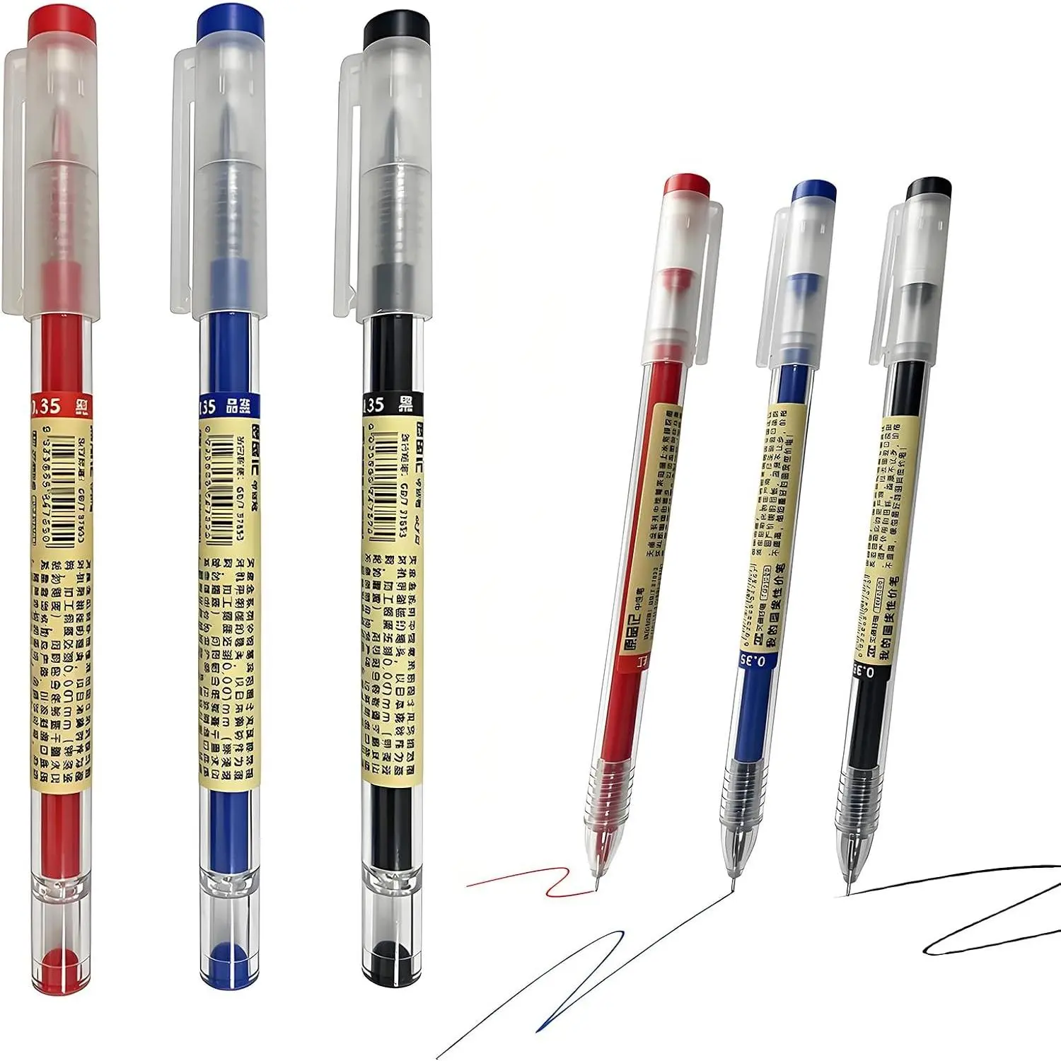 12-Pack Extra Fine Tip Gel Ink Pens (0.35mm), Black/Blue/Red, Quick Drying, Smooth Writing, Transparent Cap, Office School Stationery