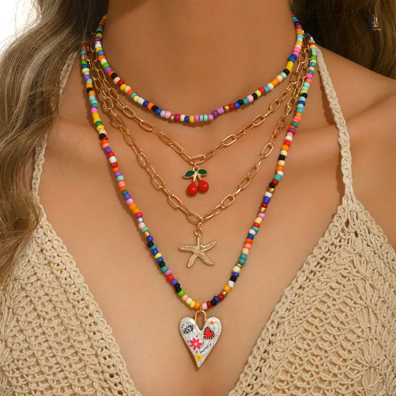 Women's Boho Colorful Glass Seed Bead Multi-Layer Neck Necklace - Alloy Chain, Cherry Heart Pendant Ethnic Trendy Dainty Collar Jewelry for Female Wear Daily Vacation Party Outfits