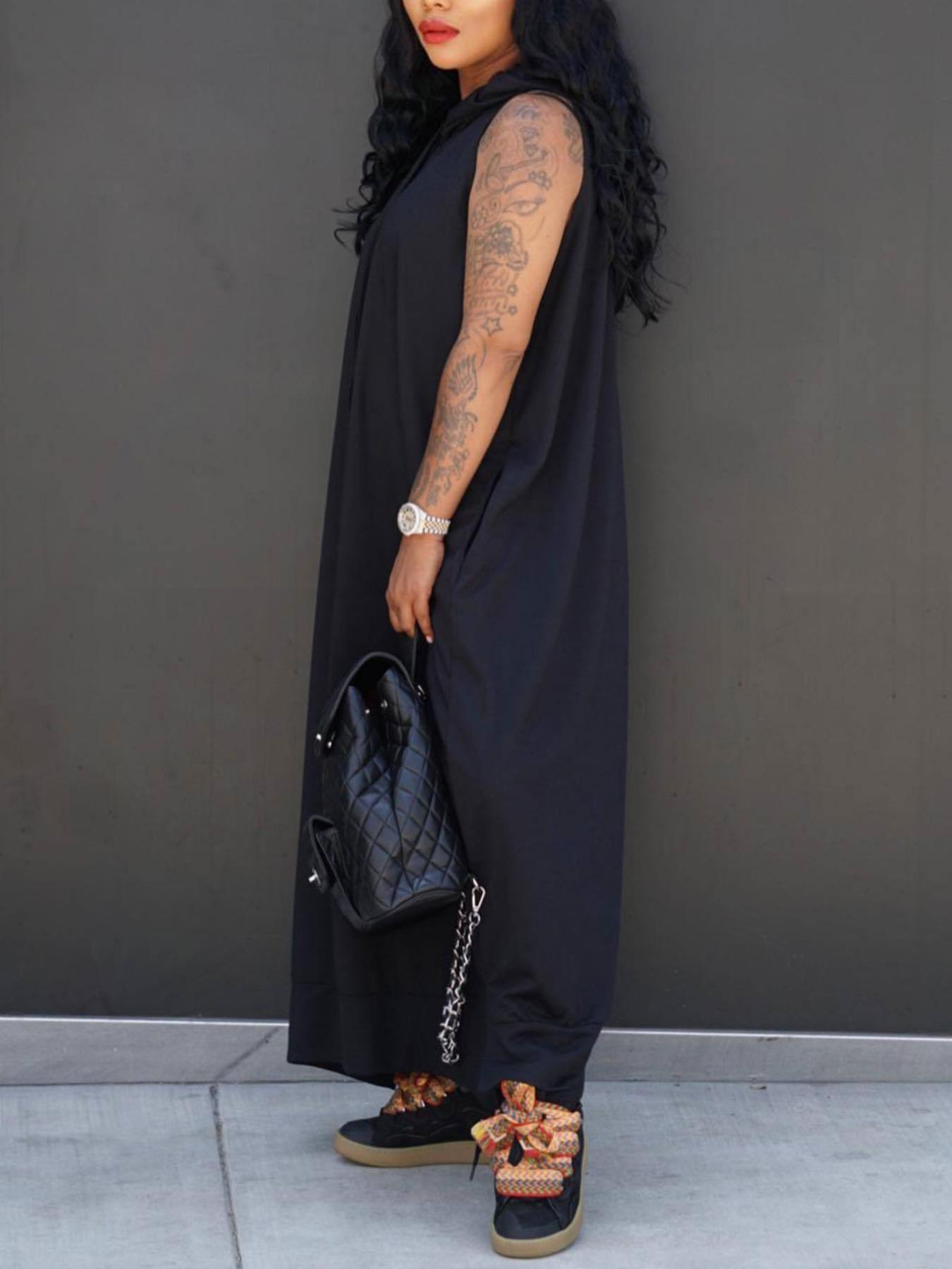 Women's Solid Jersey Drawstring Hooded Loose Dress, Casual Sleeveless Long Dress for Summer, Women's Clothing for Daily Wear