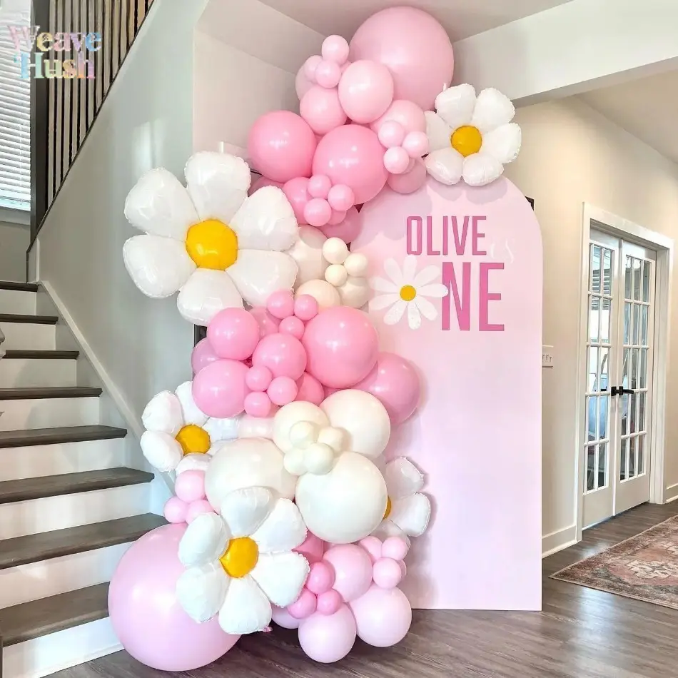 Pink White Daisy Balloon Garland Arch Kit, Boho Cottagecore Flower Foil Balloons for Wedding Birthday Baby Shower Grand Opening Party Photography Backdrop Decor