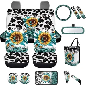 14Pcs Sunflower Cow Print Car Accessories Full Set for Women Man,Sunflower Car Seat Covers Set for Front and Rear,Universal Steering Wheel Cover Seat Belt Protector Set Car Interior Decor