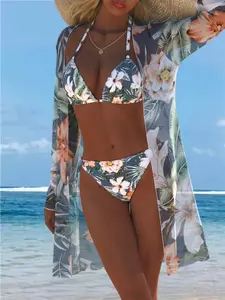 New European and American Women's Sexy Fashion Three-Piece Set, Sun Protection, Long Sleeve Mesh Print, Classic Split Triangle Pants, Beach Party Swimwear