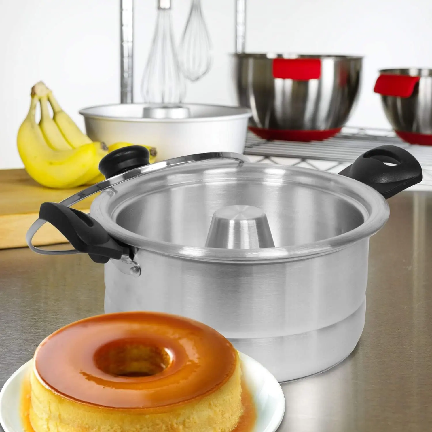 Bene Casa - Aluminum Flan Mold Double Boiler with Glass Lid (1.6 Liter) - Includes Aluminum Inner Pan (8") -Molde De Flan Baño Maria