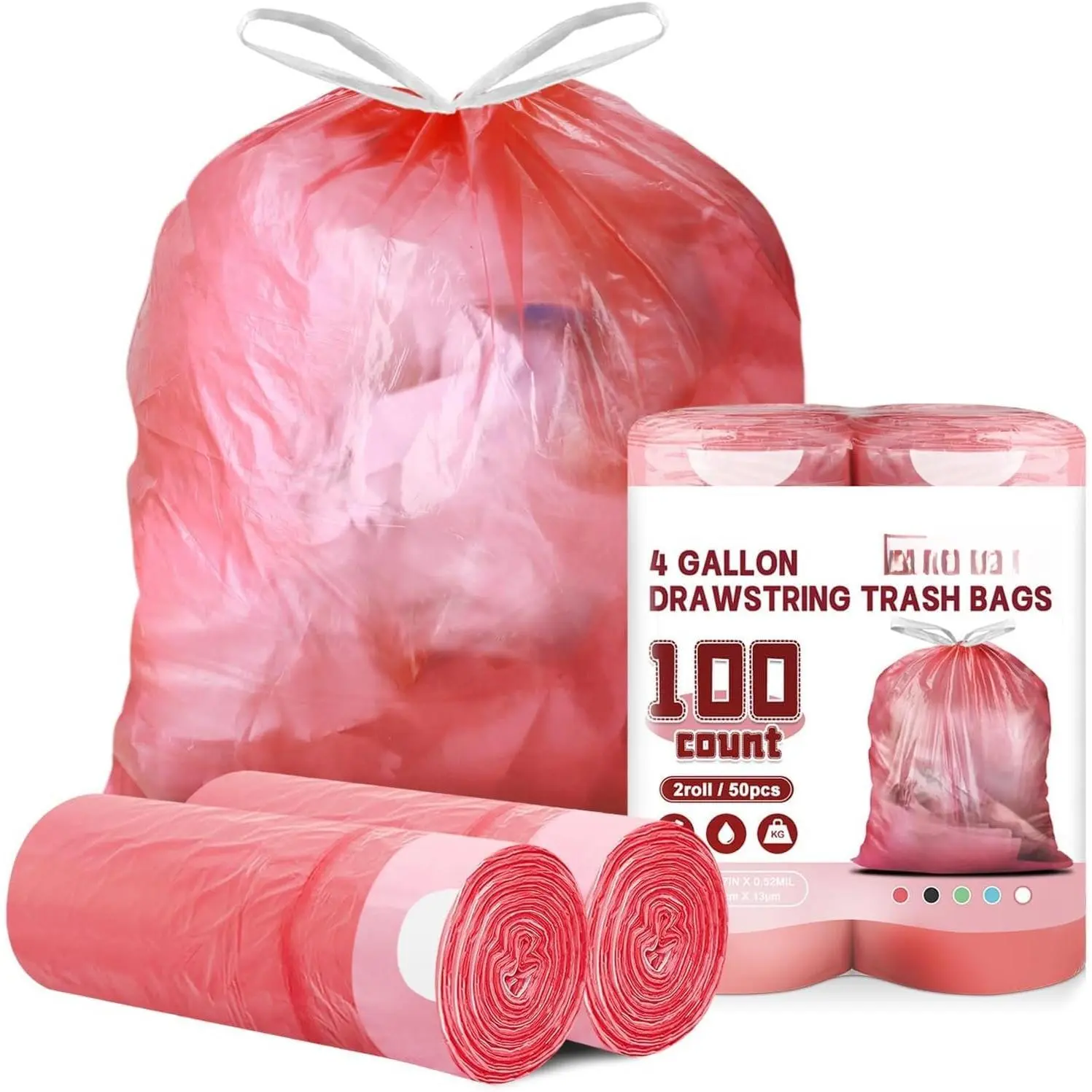 Small Trash Bags, 100 Count 4 Gallon Drawstring, Red | -Free, Unscented, Small Garbage Bags, For Bathroom Kitchen Office Bedroom