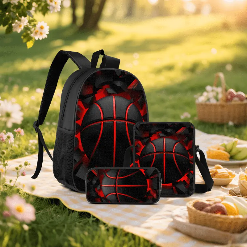 Red Neon Basketball 3-Piece Back to School Haul Backpack Set for 13-14 Years Boys - Fragmented Geometric Design, Durable Polyester, Ergonomic Shoulder Straps, Multiple Zip Compartments, Insulated Lunch Bag, Pencil Case, All Seasons School Supplies, Elemen