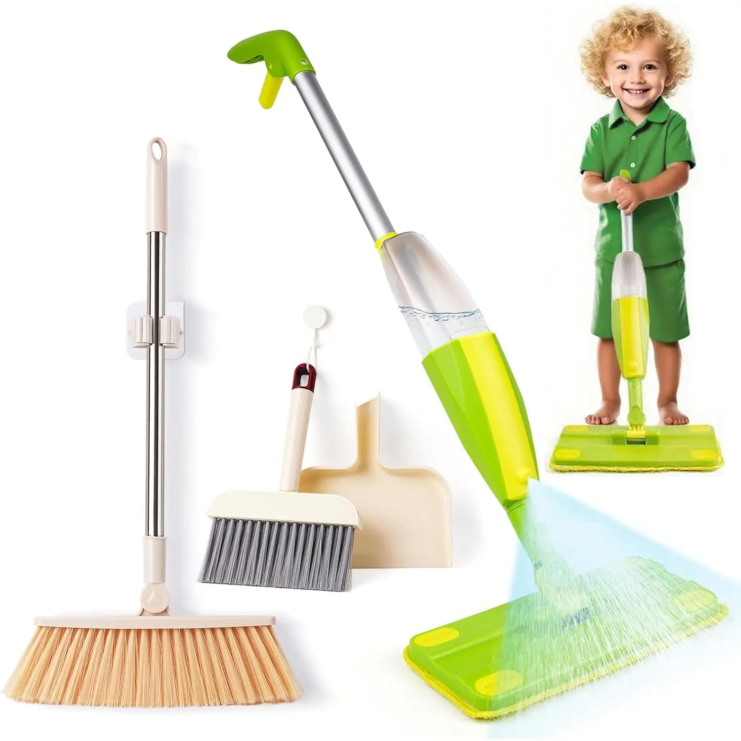Kids Spray Mop,Toddler Mop Cleaning Set, Real Working Mini Mop & Kids Broom Dustpan Set, Housekeeping Pretend Play Toy, Montessori Kid Cleaning Toy Set Includes Organizer Clip -Greenfidget toys