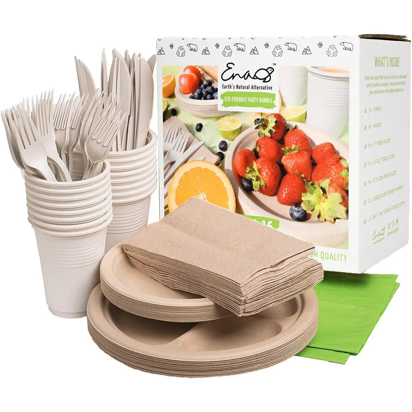 Camping Supplies [16 Dinnerware Set] for Picnic Basket & Party Supplies.Compostable Paper Plates, Napkins, Biodegradable Utensils, Cups, Green Tablecloths, by Earth's Alternative