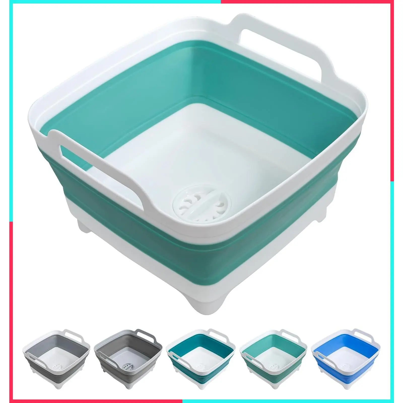 Collapsible Dishpan with Drain Plug, 2.4Gal/9L Portable Wash Basin with Carry Handles, Foldable Plastic Tub for Cleaning and Dishwashing