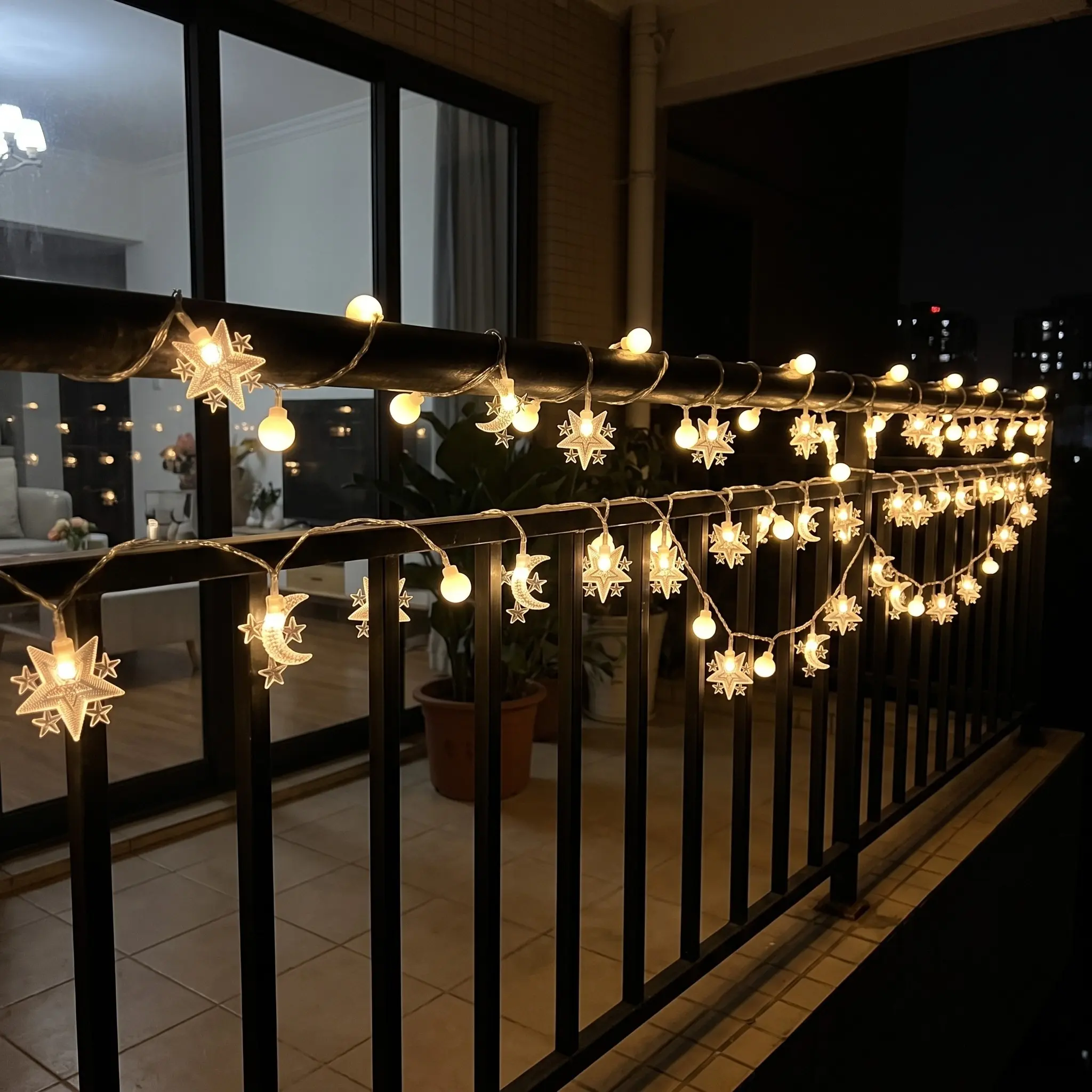 Ramadan String Lights 10 LED, Star Moon & Ball Decor, Festive Holiday Party Lights, Warm Ambiance for Home Decor