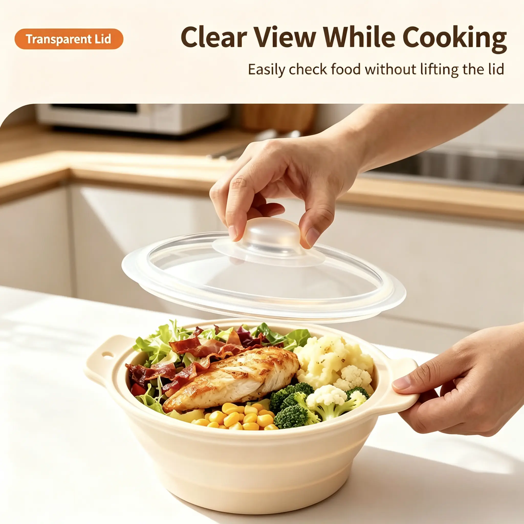Collapsible Silicone Steamer Pot with Transparent Lid & Handle, Microwave Air Fryer Compatible Foldable Steaming Bowl with Removable Rack, BPA-Free Dishwasher Safe, for Vegetables Meat Seafood Dumplings, Camping & Home Use, 1250ml,Portable