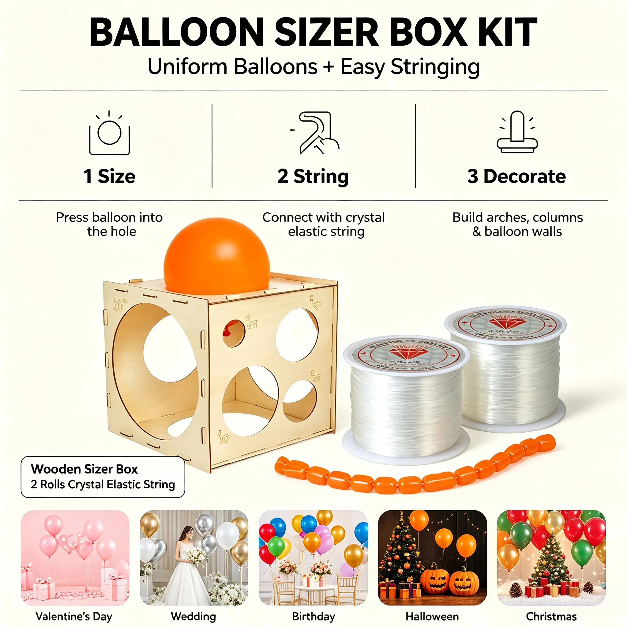 Balloon Measuring Kit: 1 wooden balloon size measuring box to make all balloons exactly the same size. 2 rolls of transparent string to connect all the balloons. Perfect for decorating balloons for birthdays, weddings, Christmas, Halloween, and all kinds