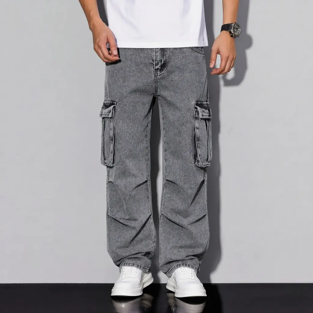 Men's Wide-Leg Denim Cargo Jeans,Acid Wash Charcoal Grey Wide Leg Utility Pant,Y2K Streetwear Knee Pleated Trousers,Summer Casual Loose Fit Skater Bottoms