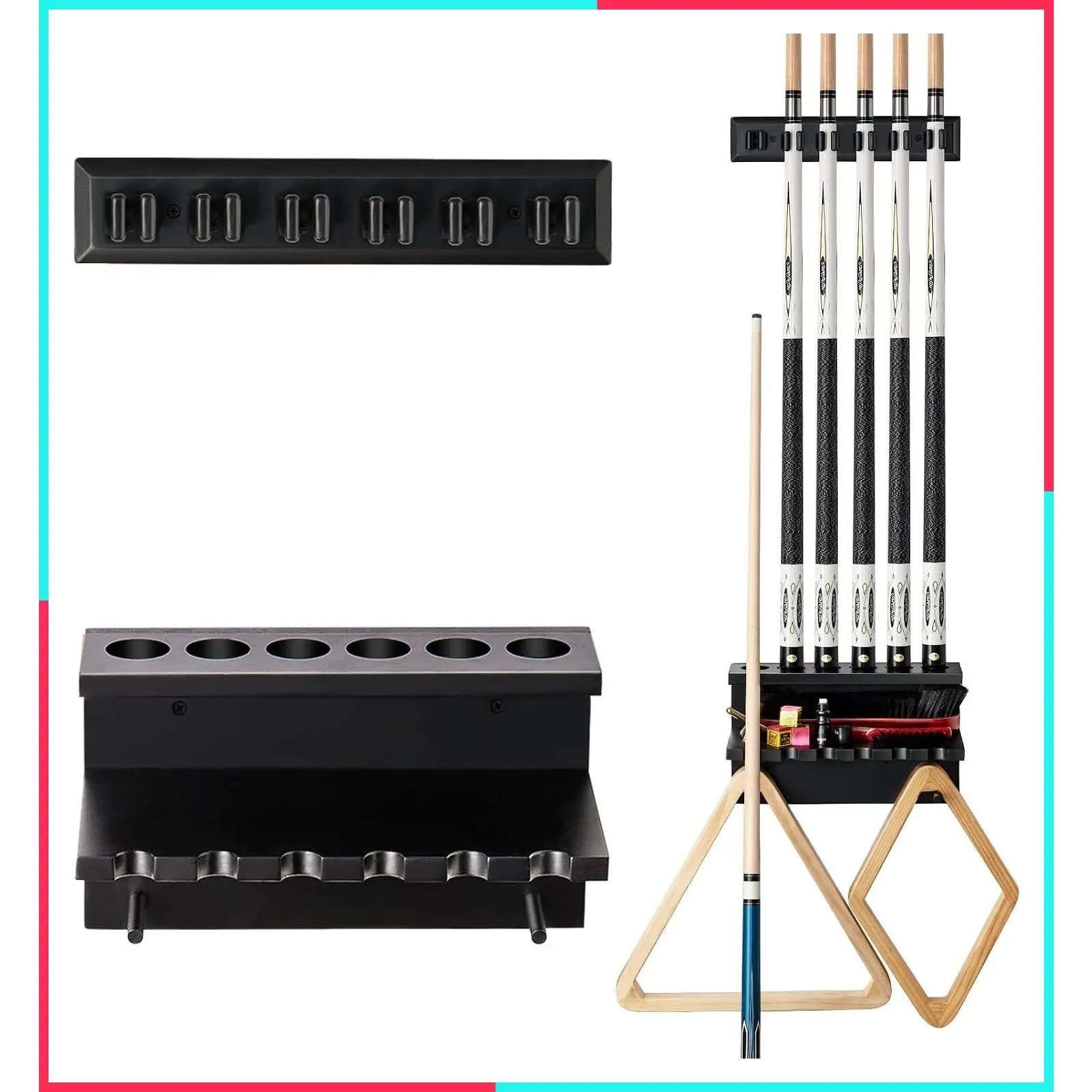 Wall Mount Hardwood Pool Cue Rack for 6 Cues Sticks - Billiards Pool Stick Holder Storage Organizer, Pool Table Accessories