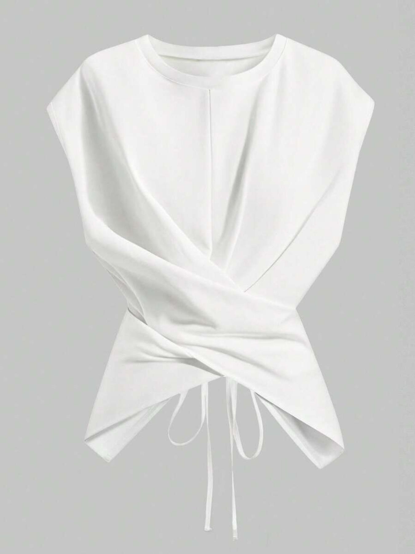 Women's Knitted Round Neck Drop Shoulder Sleeve T-Shirt Fit, Fashion Casual Chic Asymmetrical Criss Cross Back Tie Top, Spring & Fall Wear Women's Knitted Round Neck Drop Shoulder Sleeve T-Shirt Fit, Fashion Casual Chic Asymmetrical Criss Cross Back Tie Top, Spring & Fall Wear