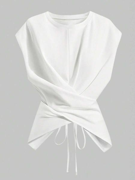 Women's Knitted Round Neck Drop Shoulder Sleeve T-Shirt, Fashion Casual Asymmetrical Criss Cross Back Tie Top, Spring & Fall Wear