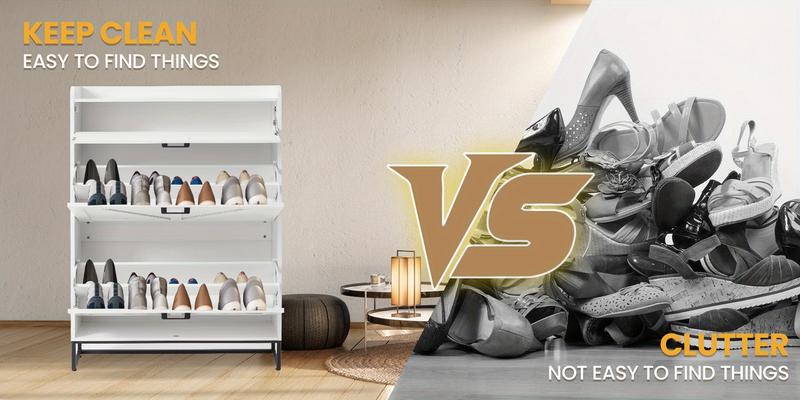 Large Capacity Farmhouse Shoe Cabinet - Oak White Freestanding Design with 2 Flip Drawers, Adjustable Compartments, Heavy Duty Build & Side Hooks