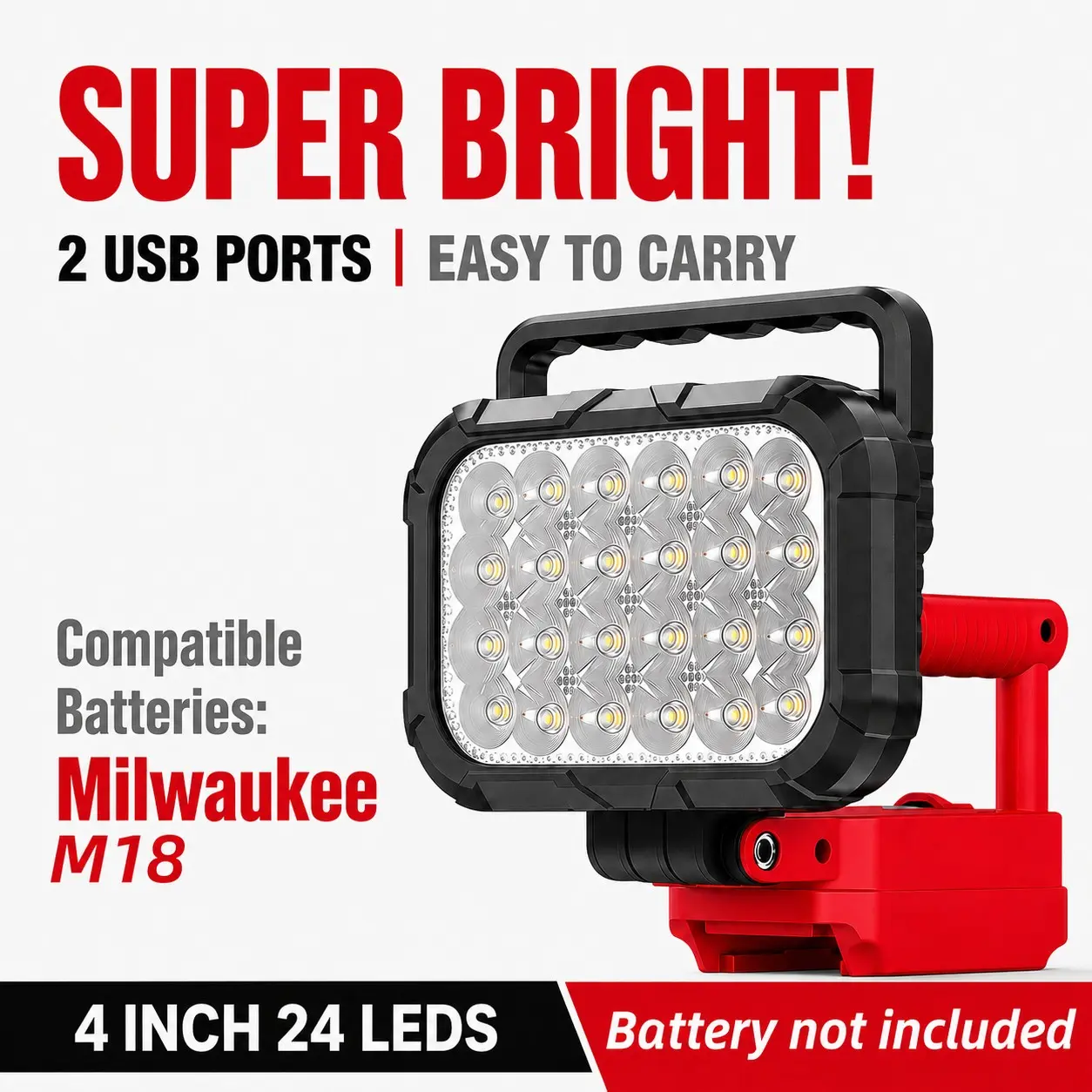 Wireless LED Work Light for Milwaukee 18v Battery, 14w Wide Beam, Dual USB Ports, Ideal for Emergency, Workshop, Garage, No Battery Included