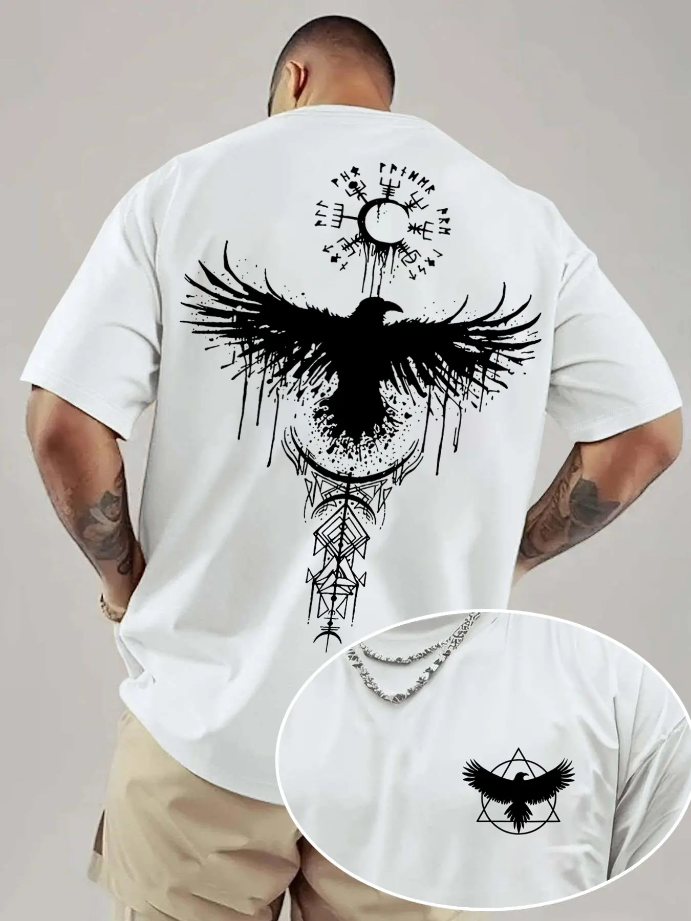 Men's Norse Rune Raven Print Short Sleeve T-Shirt, Viking Dark Retro Street Style, Streetwear, Loose Fit, Relaxed Fit Shoulder Half Sleeve, Men's Subculture Fashion Top, Menswear